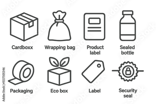 Line Style Packaging Icons. Line style icons of product packaging: cardboard box, wrapping bag, product label, sealed bottle.