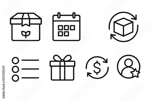 Subscription Icon Set. Line style icons of subscription shopping: subscription box, monthly calendar, delivery cycle, renewal icon