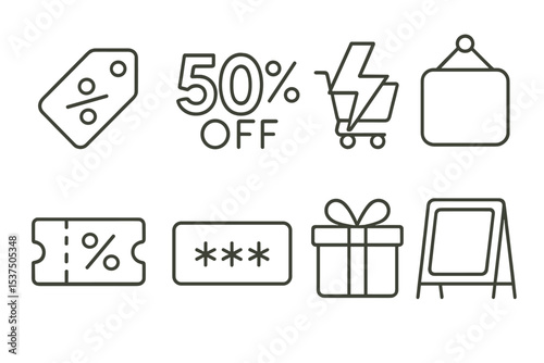 Line Style Discounts. Line style icons of discounts and promotions: discount tag, 50% off sign, flash sale, limited offer. coupon