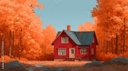 Red Cabin Nestled in Vibrant Autumn Forest With Orange Foliage