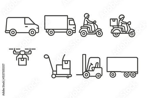 Delivery Vehicle Icons. Line style icons of delivery vehicles: delivery van, cargo truck, courier bike, scooter delivery. drone