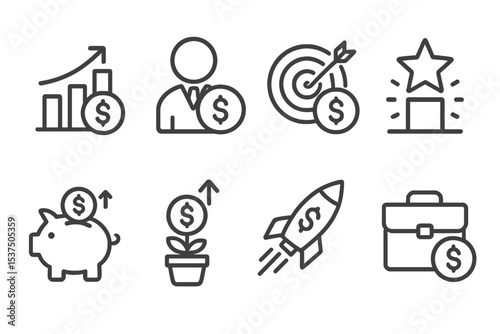 Financial Success Icons. Line style icons of financial success: money growth, rich icon, financial goal, achievement star. reward