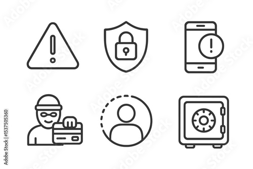 Fraud and Security Icons. Line style icons of fraud and security: warning sign, shield lock, transaction alert, card theft.