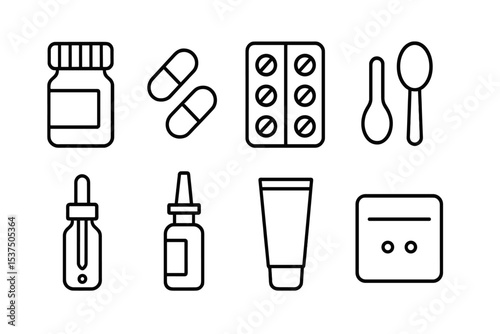 Medication Line Icons. Line style icons of medications: pill bottle, capsules, tablet blister, medicine spoon. dropper, nasal