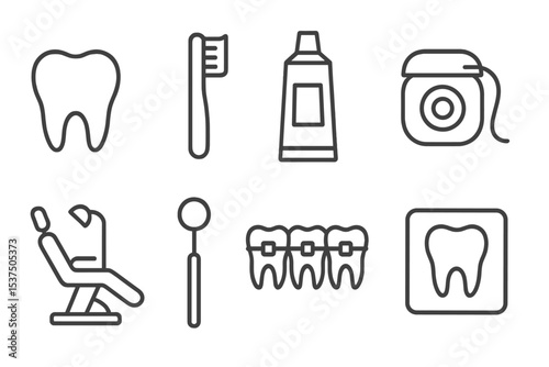 Dental Care Icons. Line style icons of dental care: tooth icon, toothbrush, toothpaste tube, dental floss. dental chair, mouth