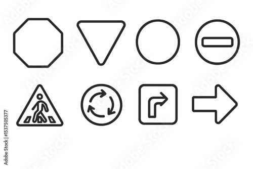 Line Style Traffic Icons. Line style icons of transport signs: stop sign, yield sign, speed limit, no entry. pedestrian crossing,