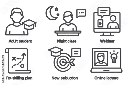 Continuing Education Icons. Line style icons of continuing education: adult student, night class, webinar icon, course catalog. re