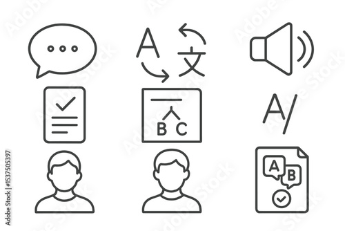 Language Learning Icons. Line style icons of language learning: speech bubble, translation arrows, vocabulary list, audio icon.