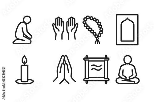 Prayer Ritual Icons. Line style icons of prayer rituals: kneeling figure, raised hands, prayer beads, worship mat. candlelight