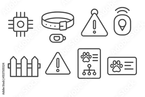 Pet Safety Icons. Line style icons of pet safety: microchip icon, safety collar, alert tag, GPS tracker. fence yard, warning sign,