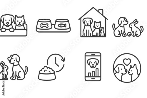 Multi-Pet Home Icons. Line style icons of multi-pet homes: shared bed, double feeder, pet zone, playgroup. mixed species, feeding