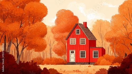 Red Cabin Nestled in Vibrant Autumn Forest With Orange Foliage.