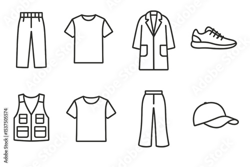 Gender-Neutral Fashion Icons. Line style icons of gender-neutral fashion: loose pants, unisex shirt, neutral coat, relaxed