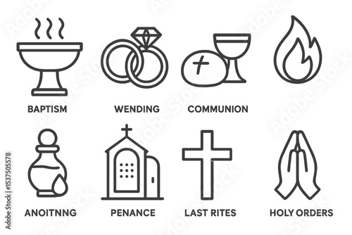 Sacramental Icons. Line style icons of sacraments and rites: baptismal font, wedding rings, communion bread, confirmation flame.