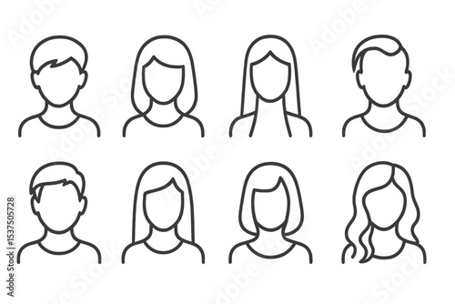 Hair Length Icons. Line style icons of hair length styles: short cut, medium length, long hair, shaved sides. tapered cut,
