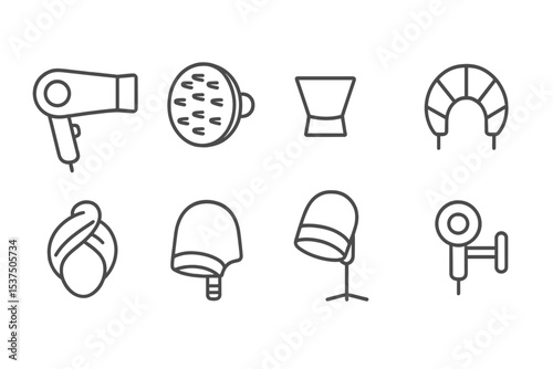 Blow Drying Tools Icons. Line style icons of blow drying tools: handheld dryer, diffuser, concentrator nozzle, heat shield. hair