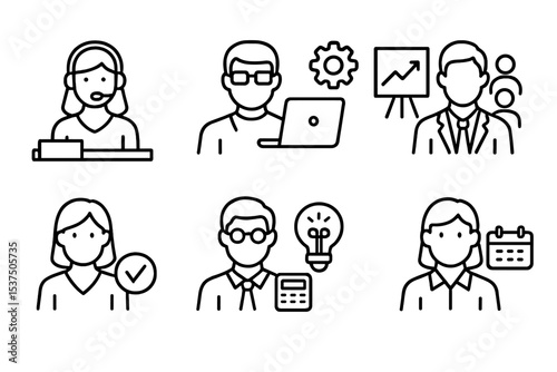 Job Role Icons. Line style icons of job roles: receptionist, IT support, sales manager, team lead. HR coordinator, accountant,