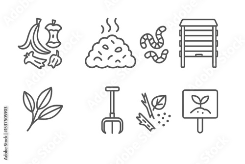 Composting Icons. Line style icons of composting system: kitchen scraps, compost pile, worms, compost bin. green waste, compost