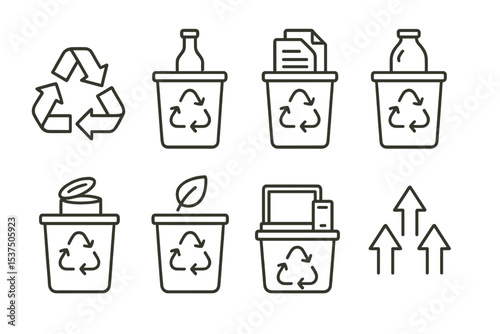 Recycling Icons Set. Line style icons of recycling and sorting: recycle symbol, glass bin, paper bin, plastic bin. metal bin,