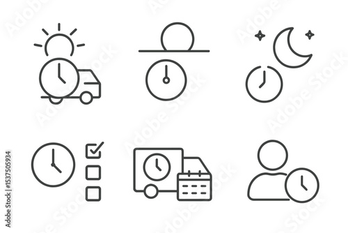Delivery Time Icons. Line style icons of delivery time windows: morning slot, noon window, evening icon, estimated time. time slot