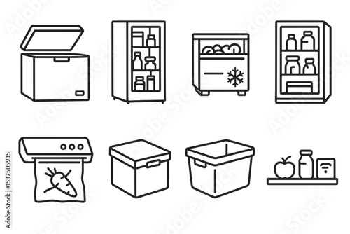 Food Storage Icons. Line style icons of food storage appliances: chest freezer, pantry fridge, refrigerated drawer, dry cabinet.