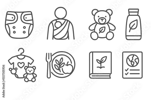 Eco Parenting Icons. Line style icons of eco parenting: cloth diaper, baby wrap, eco toy, natural lotion. second-hand baby items,