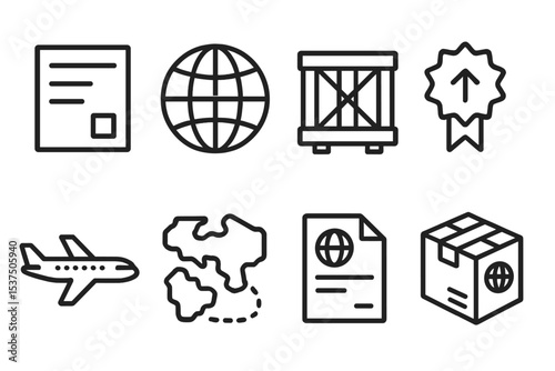 International Shipping Icons. Line style icons of international shipping: customs form, global icon, import crate, export seal.
