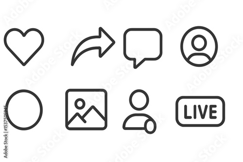 Social Media Icons. Line style icons of social media features: like button, share icon, comment box, profile picture. story ring,