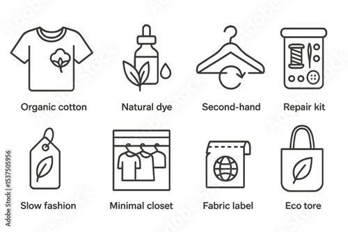 Eco Fashion Icons. Line style icons of eco fashion: organic cotton shirt, natural dye, second-hand hanger, repair kit. slow