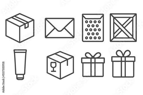 Packaging Icons. Line style icons of packaging types: cardboard box, sealed envelope, bubble mailer, crate. tube packaging,