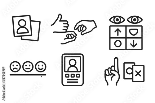 Communication Support Icons. Line style icons of communication support: picture exchange, sign interpreter, communication board,