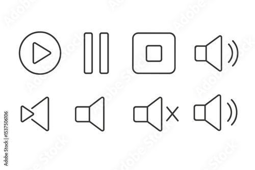 Multimedia Control Icons. Line style icons of multimedia controls: play button, pause icon, stop button, next track. previous