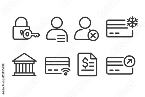Bank Account Icons. Line style icons of account management: change password, update info, close account, freeze account. contact