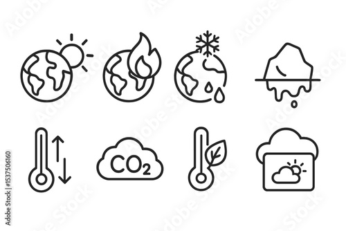 Climate Change Icons. Line style icons of global climate: earth with sun, global warming, climate change, polar ice. melting icon,