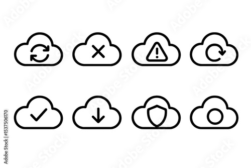 Cloud Interaction Icons. Line style icons of cloud interactions: sync cloud, offline cloud, error cloud, updating cloud. sync