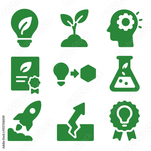 Green Innovation Icons. Solid style icons of green innovation: green tech bulb, startup sprout, innovation process, eco patent