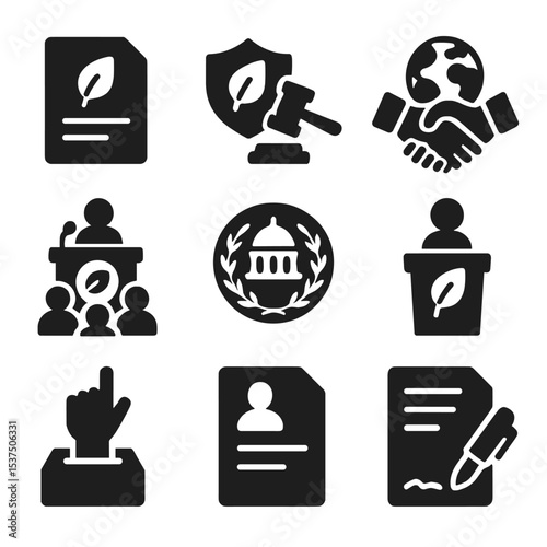 Eco Policy Icons. Solid style icons of environmental policies: eco law document, green regulation, climate agreement icon,