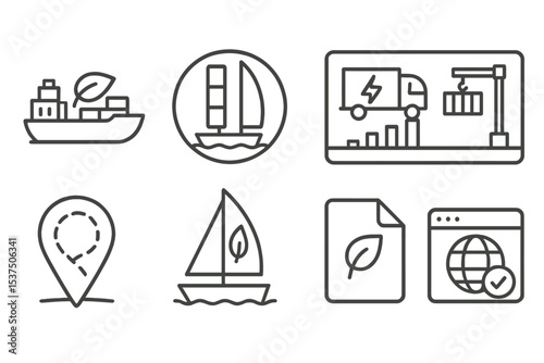 Climate Tech Icons. Line style icons of climate tech and green innovation: sustainable shipping icon, wind-powered vessel badge,