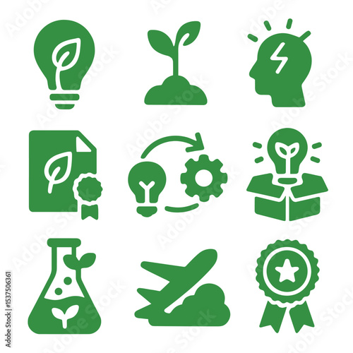 Green Innovation Icons. Solid style icons of green innovation: green tech bulb, startup sprout, innovation process, eco patent
