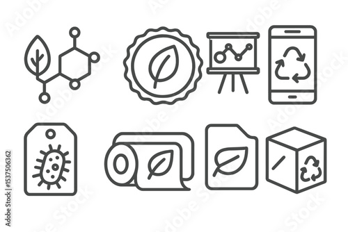 Green Tech Icons. Line style icons of climate tech and green innovation: biodegradable material icon, compostable plastic badge,