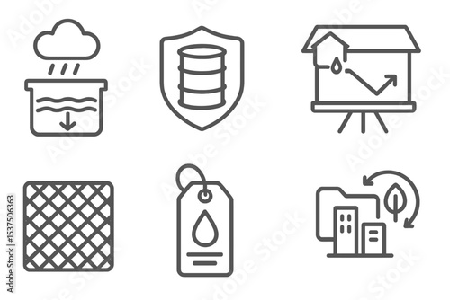 Climate Tech Icons. Line style icons of climate tech and green innovation: rainwater harvesting icon, barrel storage badge,