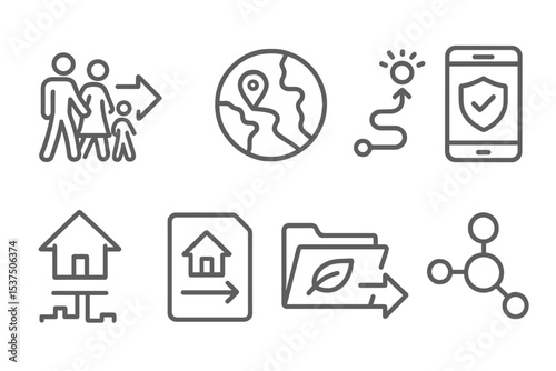 Climate Tech Icons. Line style icons of climate tech and green innovation: climate migration icon, relocation map badge,