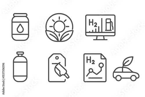 Hydrogen Mobility Icons. Line style icons of future mobility: hydrogen fuel cell icon, clean power badge, H2 station chart,