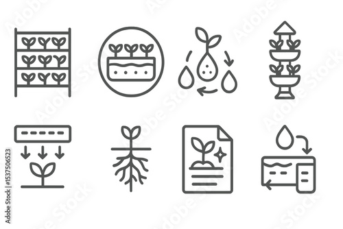 Digital Agriculture Icons. Line style icons of digital agriculture and agrotech: vertical farm rack, hydroponic badge, nutrient