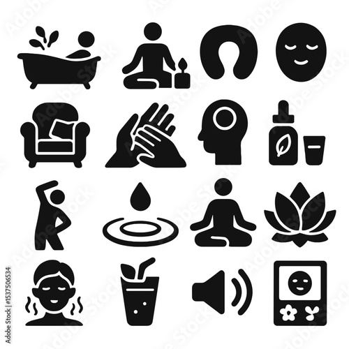Wellness Icons Collection. Solid style icons of relaxation and wellness: herbal bath soak, candlelight meditation, soft neck