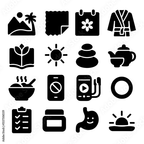Relaxation and Wellness Icons. Solid style icons of relaxation and wellness: nature-inspired mural, soft textile swatch, spa