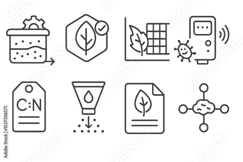 Digital Agriculture Icons. Line style icons of digital agriculture and agrotech: automated compost system, organic input badge,