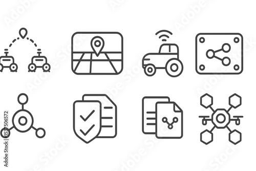 Agri-Tech Line Icons. Line style icons of digital agriculture and agrotech: agri-robot swarm, field coordination chart, autonomous