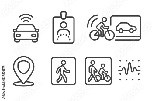 Urban Safety Icons. Line style icons of urban safety and smart infrastructure: connected mobility sensor icon, pedestrian scan