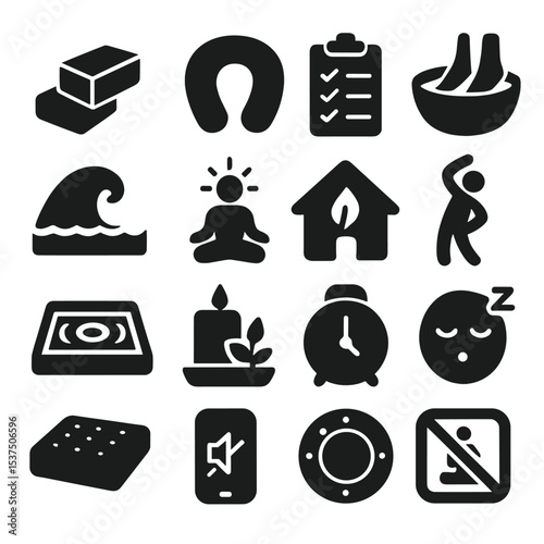 Wellness Icons Collection. Solid style icons of relaxation and wellness: yoga block set, soft neck wrap, self-care checklist, foot